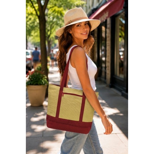 Straw Shopping Tote Bags - Paper Straw w/ Color Band Trim - Red - BG-ST400RD